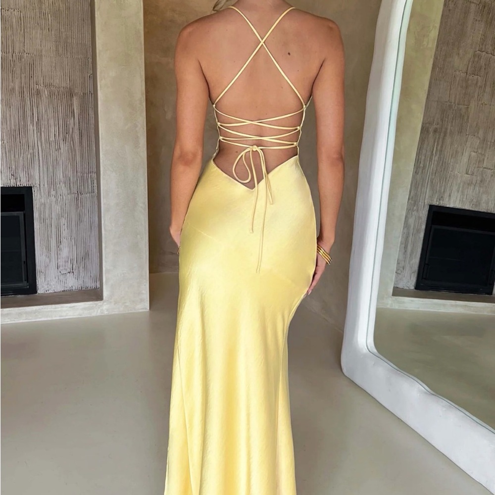 Sleek Yellow Satin Maxi Slip Dress with High Slit (Isobel Maxi Dress) - Picture 2 of 4